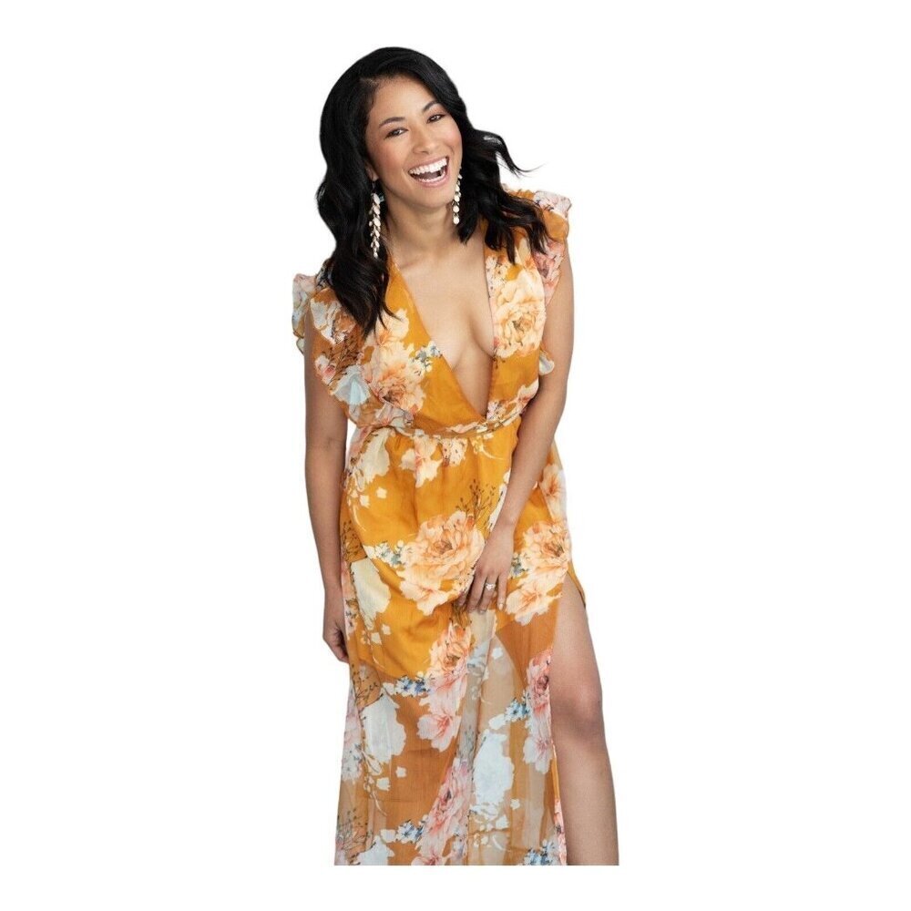 Luxxel Maxi Dress Plunging Neckline Cap Ruffle Sleeves Yellow Gold Floral Size S